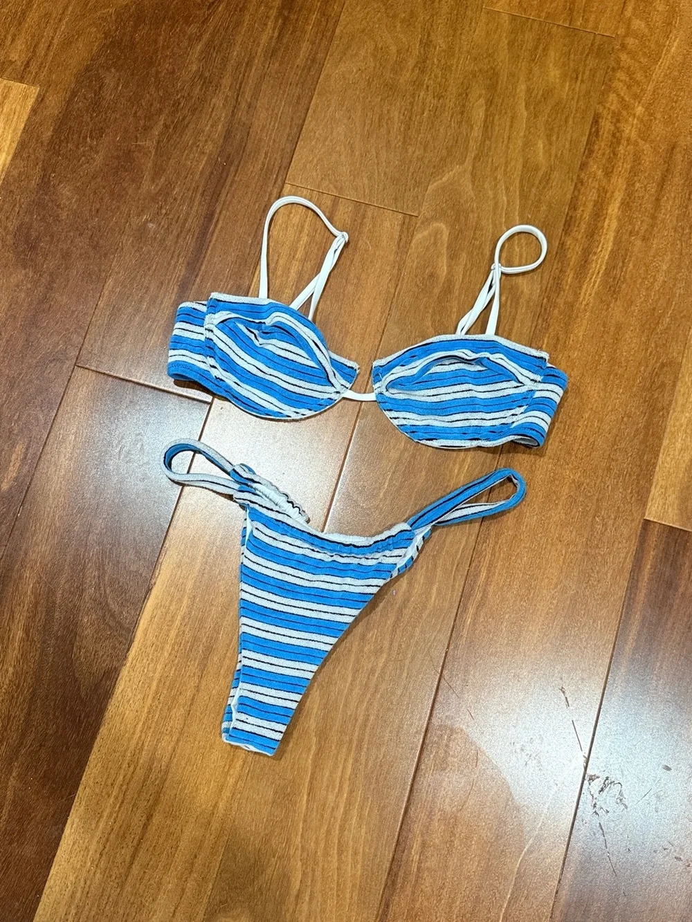 BRIGHT SWIMWEAR HORIZON BLUE TERRY Striped CHEEKY THONG BIKINI towel triangl